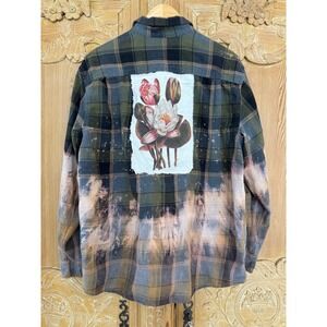 Upcycled Flannel Shirt Vintage images Lotus &  Fierce Tiger Patch size M XL